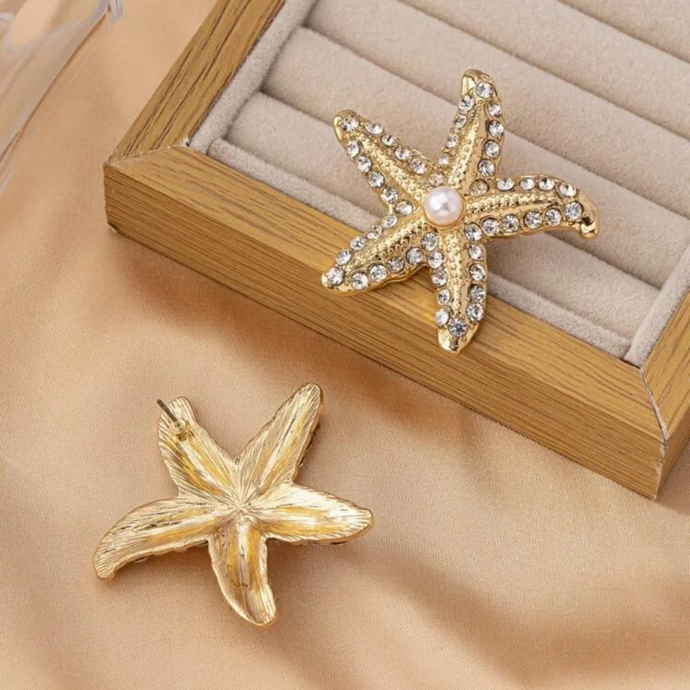 Gold and White Starfish Earrings with Sparkling Gemstones, Seashell Earrings